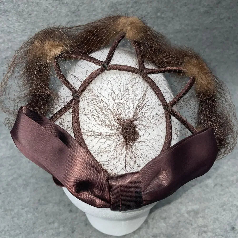 Vintage 1960s Brown Satin Bow Fascinator Hat with a Flocked Veil, Whimsical Mini